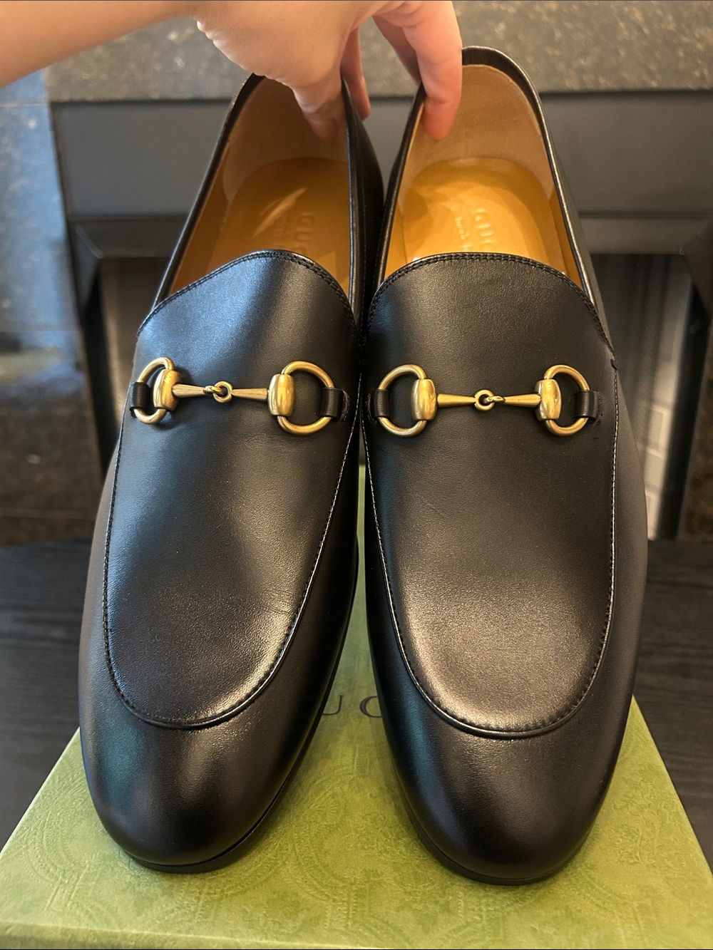 Gucci Black Leather Horsebit Loafers with Gold Accents